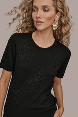 Donna Karan | SHORT-SLEEVE FLORAL WOOL SWEATER