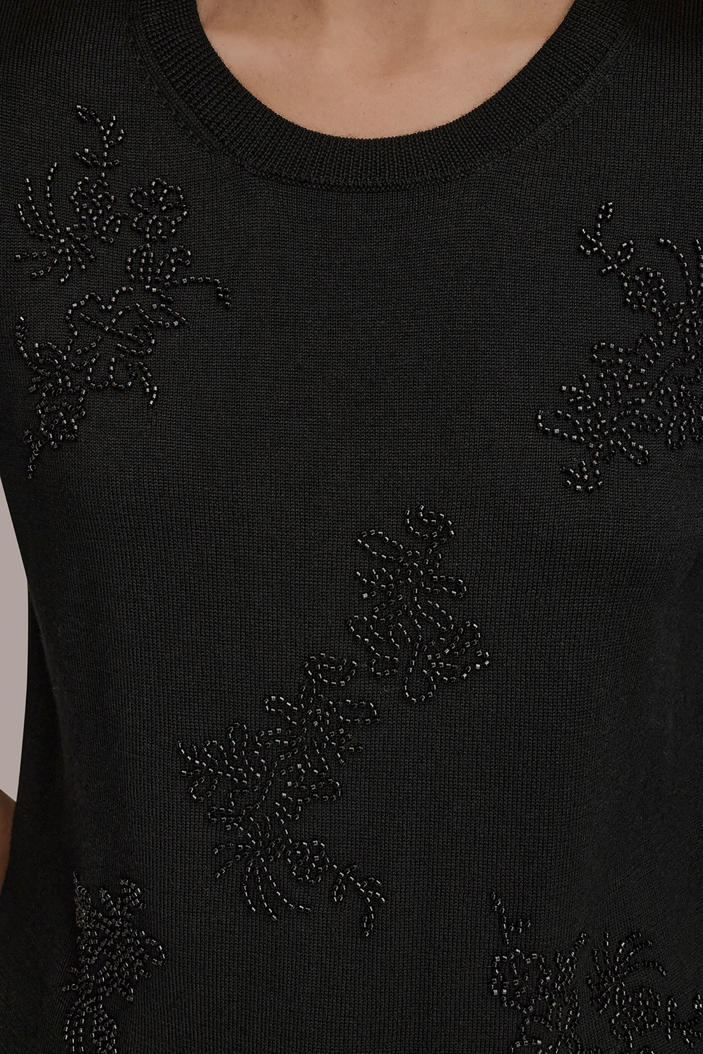 Donna Karan | SHORT-SLEEVE FLORAL WOOL SWEATER