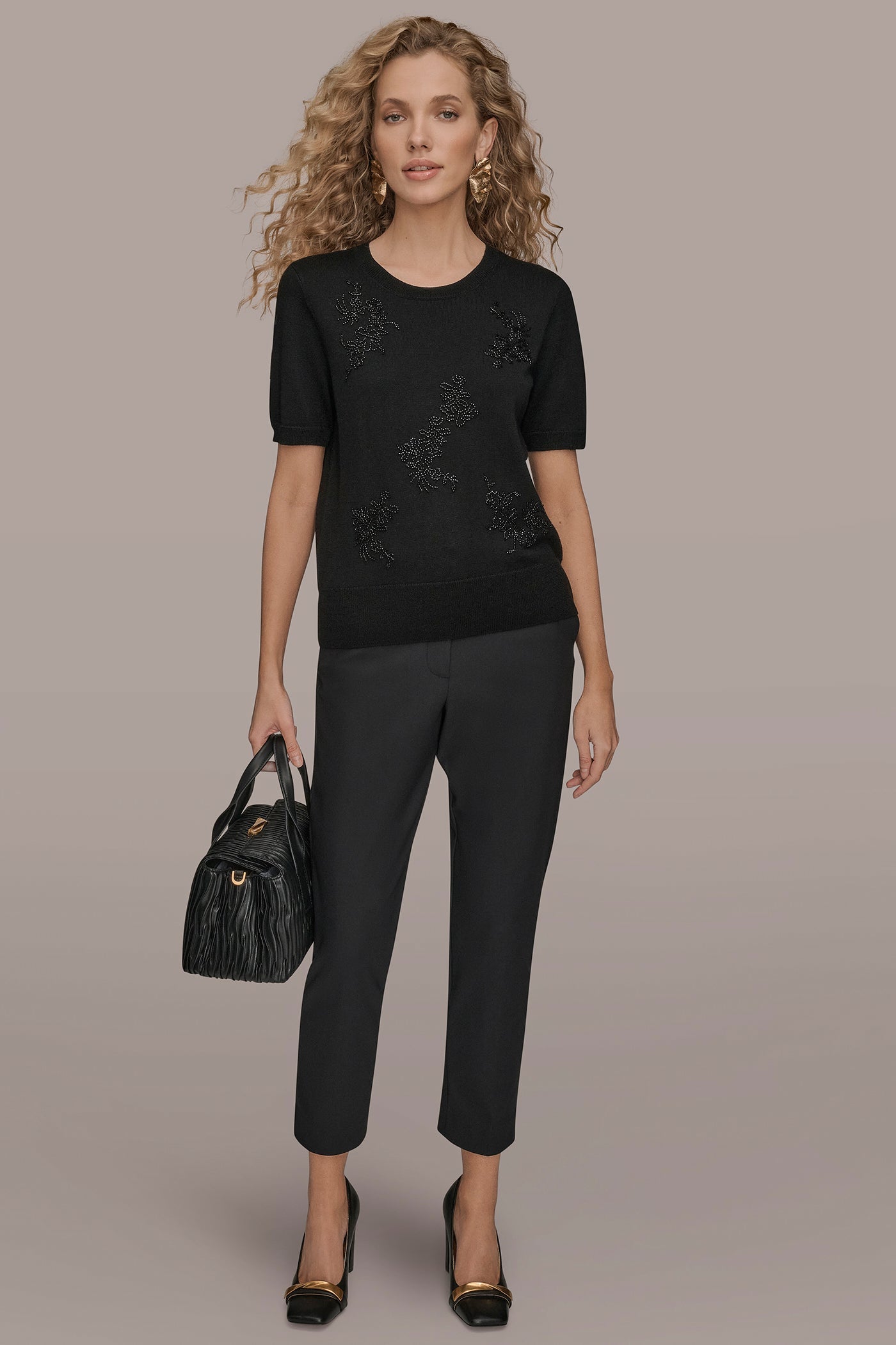 Donna Karan | SHORT-SLEEVE FLORAL WOOL SWEATER