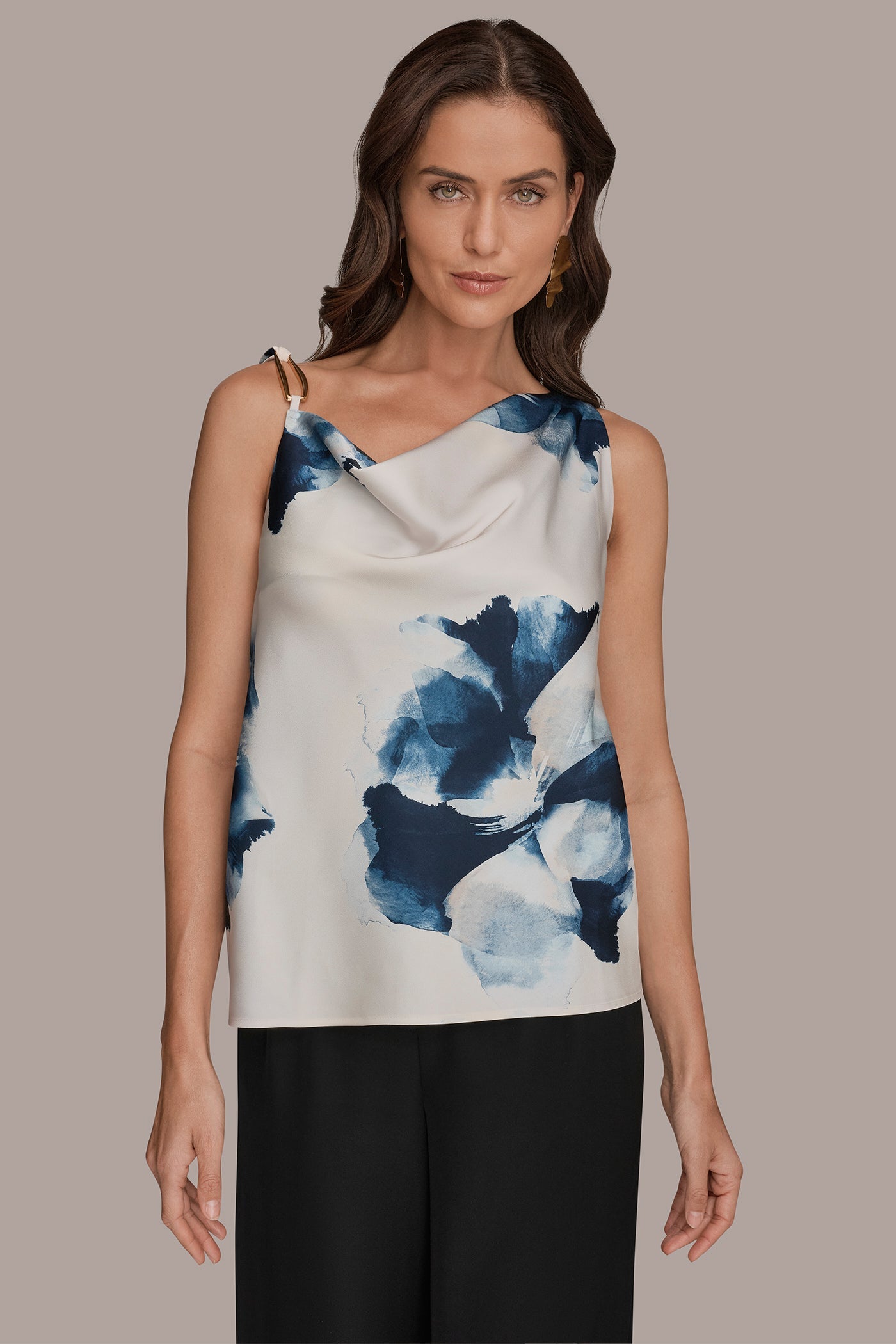 Donna Karan | SATIN FLORAL COWL-NECK CUTOUT SHOULDER CAMI