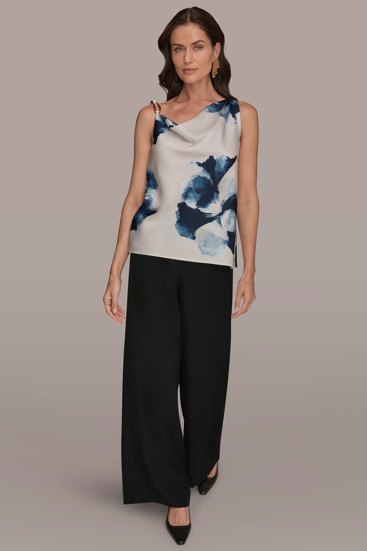 Donna Karan | SATIN FLORAL COWL-NECK CUTOUT SHOULDER CAMI
