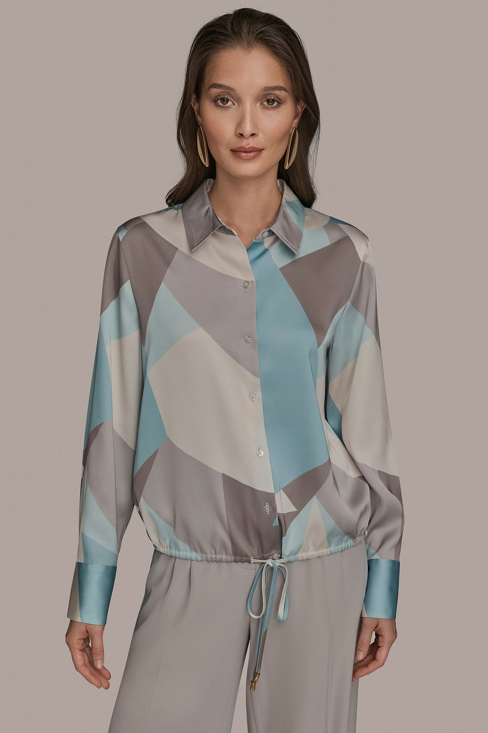 Donna Karan | LONG-SLEEVE PRINTED DRAWSTRING BLOUSE