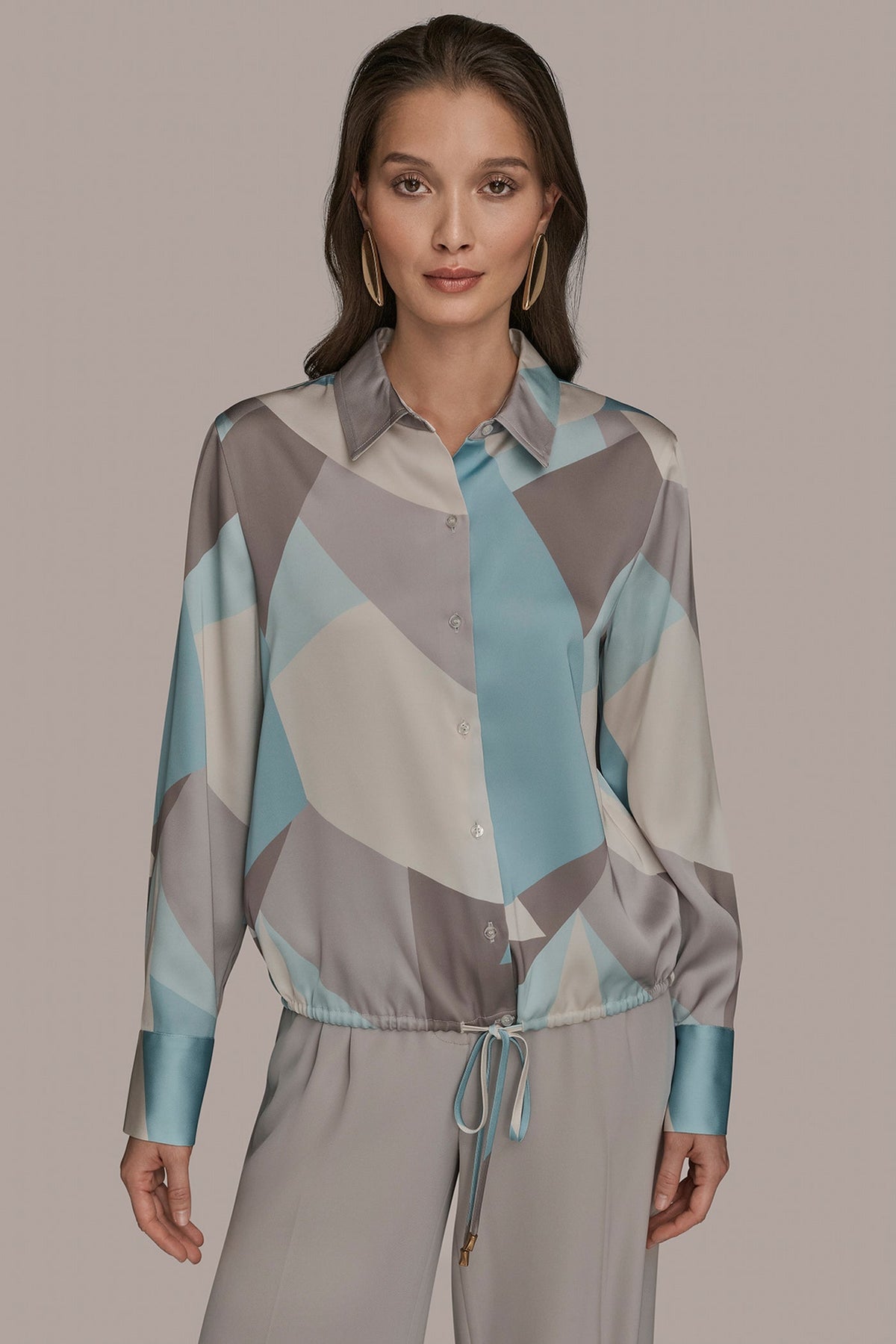 Donna Karan | LONG-SLEEVE PRINTED DRAWSTRING BLOUSE