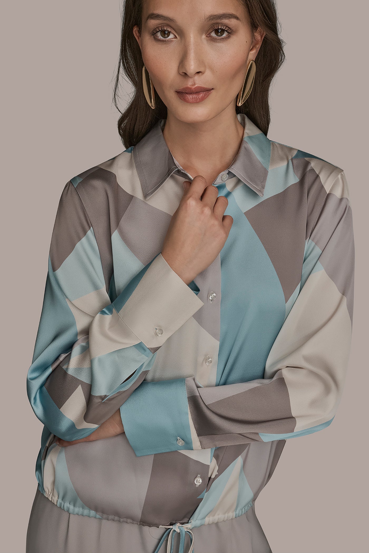 Donna Karan | LONG-SLEEVE PRINTED DRAWSTRING BLOUSE