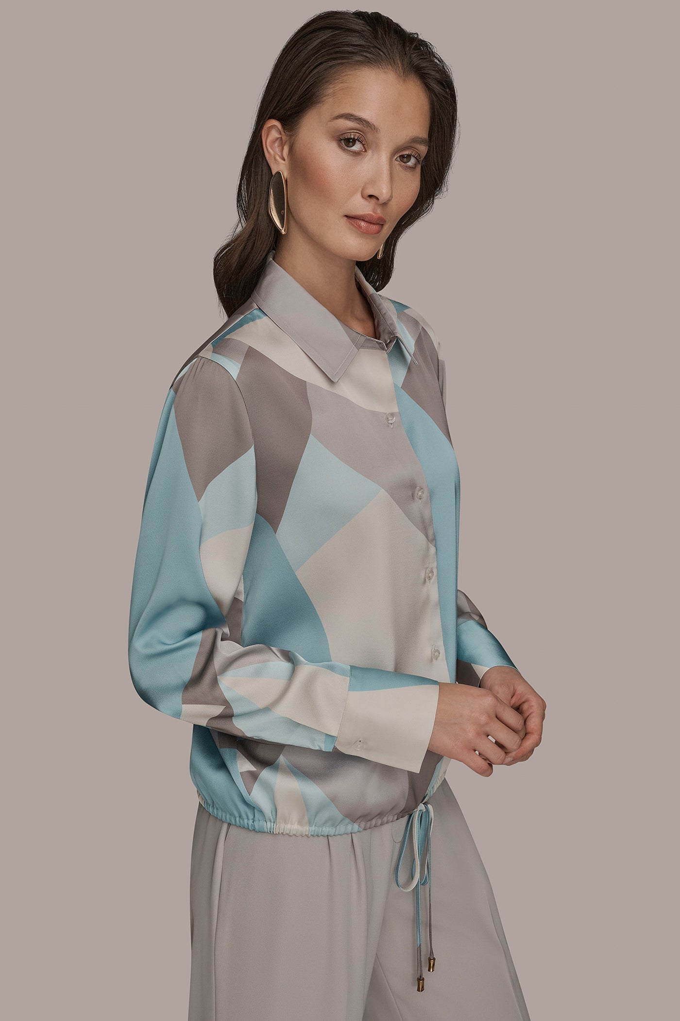 Donna Karan | LONG-SLEEVE PRINTED DRAWSTRING BLOUSE