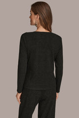 Donna Karan | METALLIC COWL-NECK RIB-KNIT BLOUSE