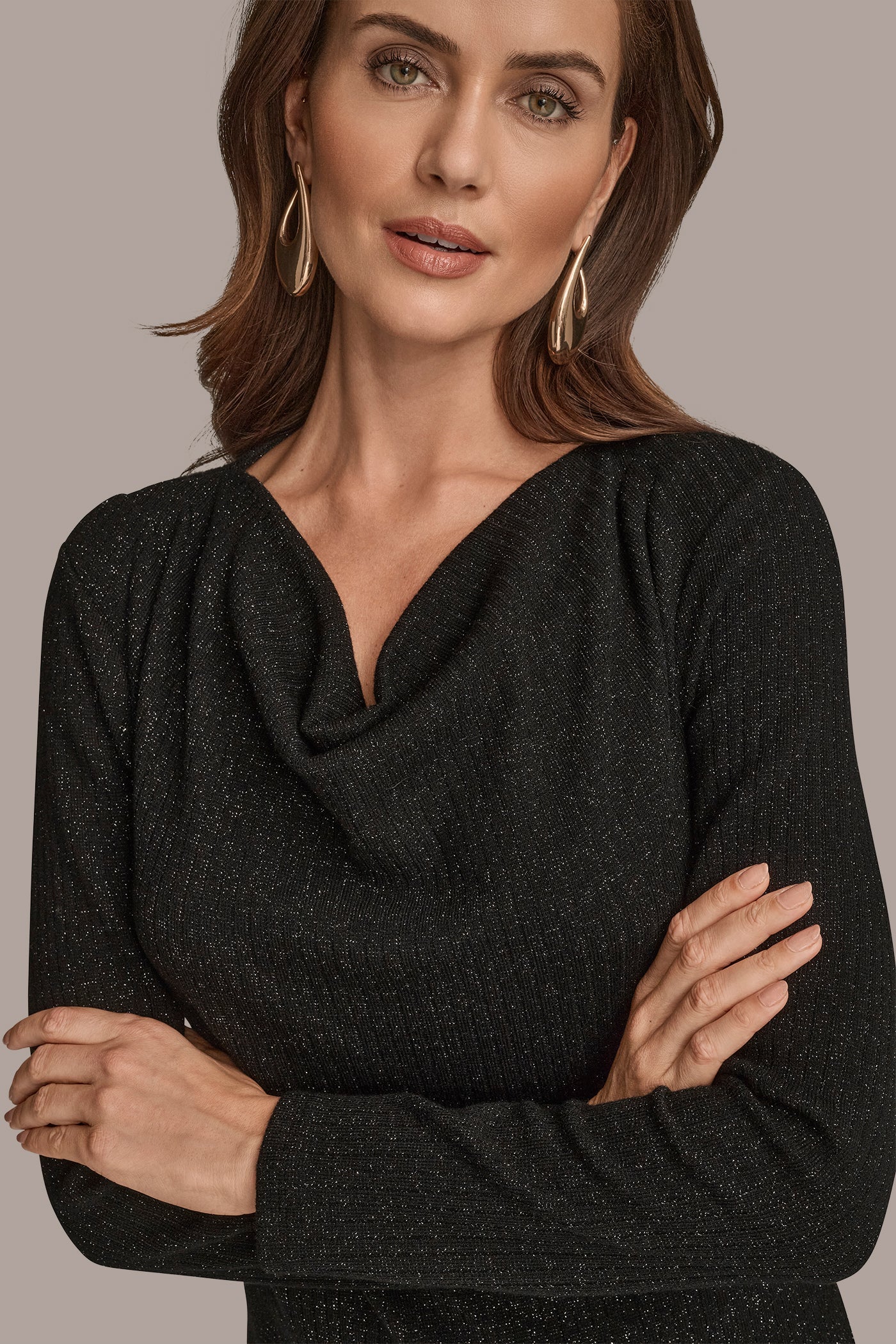 Donna Karan | METALLIC COWL-NECK RIB-KNIT BLOUSE