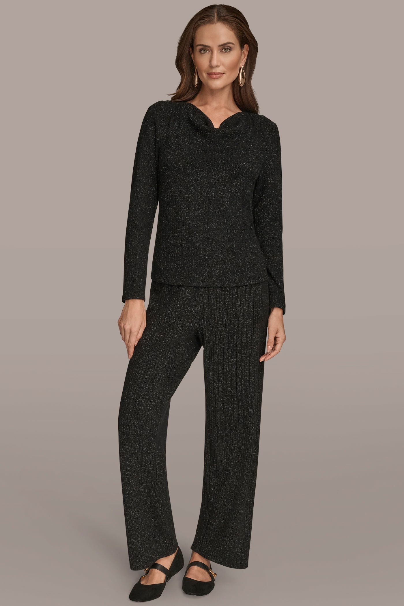 Donna Karan | METALLIC COWL-NECK RIB-KNIT BLOUSE
