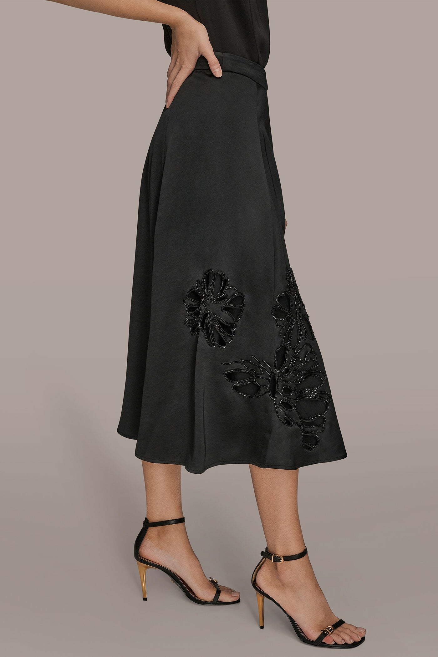 Donna Karan | FLORAL-SEQUINED SATIN MIDI SKIRT
