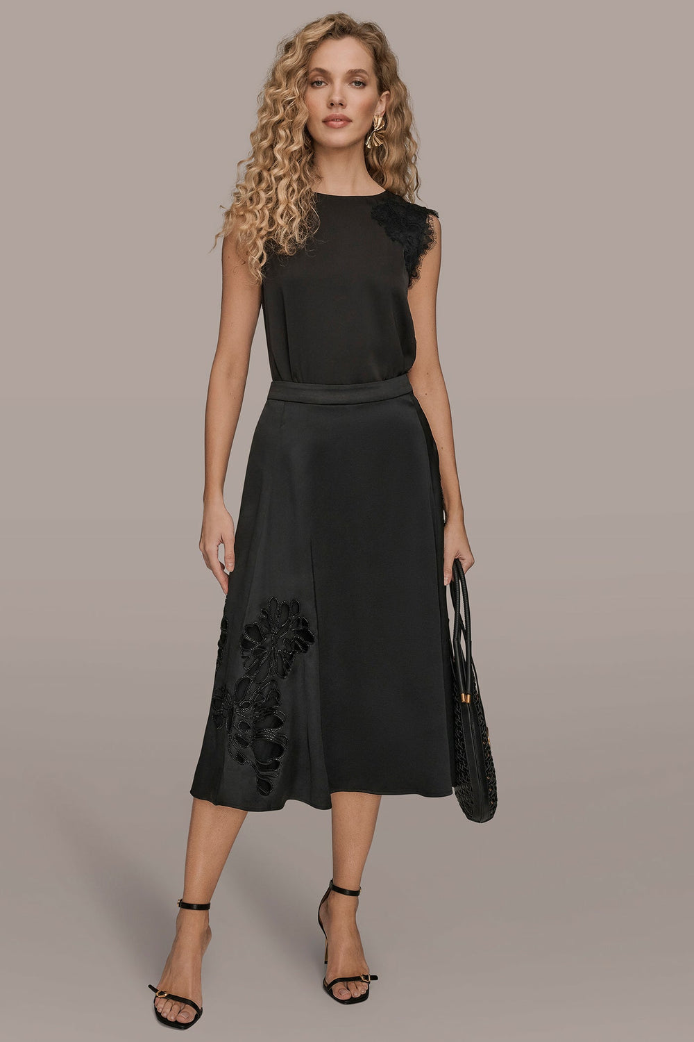 Donna Karan | FLORAL-SEQUINED SATIN MIDI SKIRT