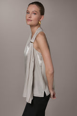 Donna Karan | METALLIC ASYMMETRIC SCARF HALTER BLOUSE