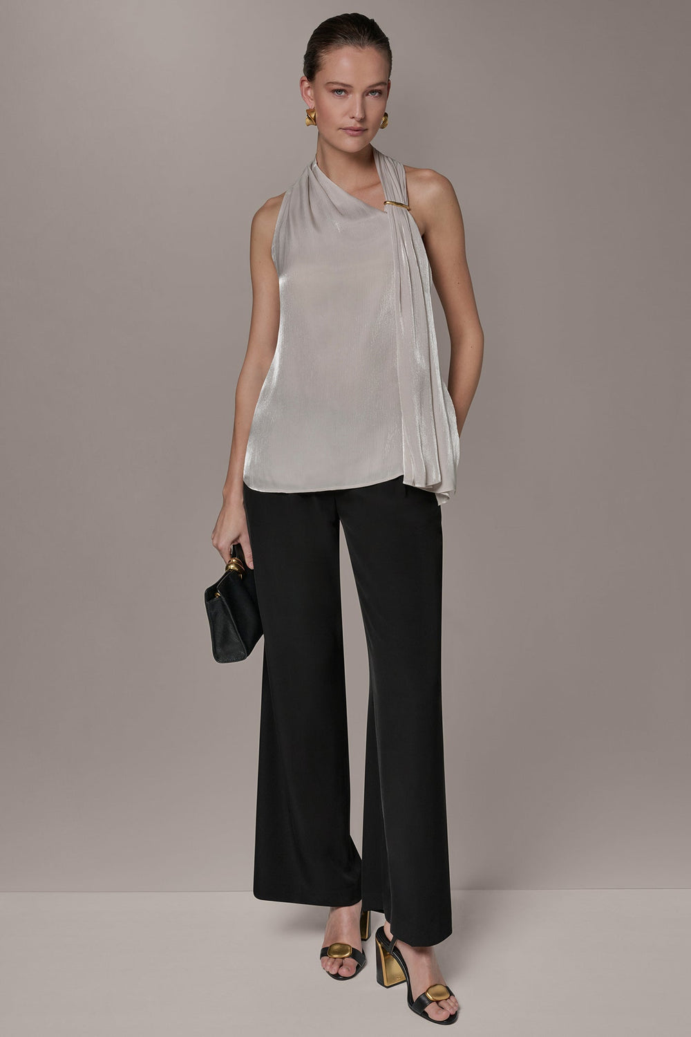 Donna Karan | METALLIC ASYMMETRIC SCARF HALTER BLOUSE