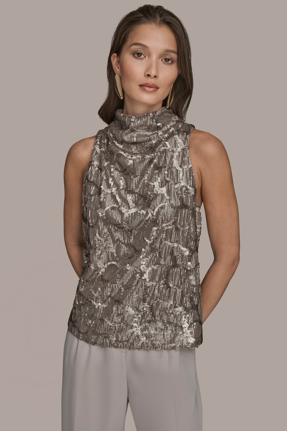 Donna Karan | SLEEVELESS HIGH COWL-NECK SEQUIN TOP
